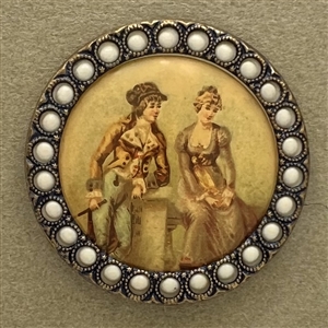 Lithograph button of a courting couple.