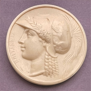 Brittania, goddess of British Isles casein button.