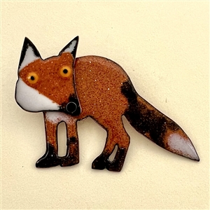 “Cascade Red Fox” enamel on copper studio button by Janet White.