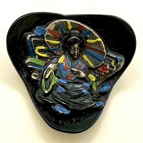 “Seated Geisha” with parasol Vintage plastic button.