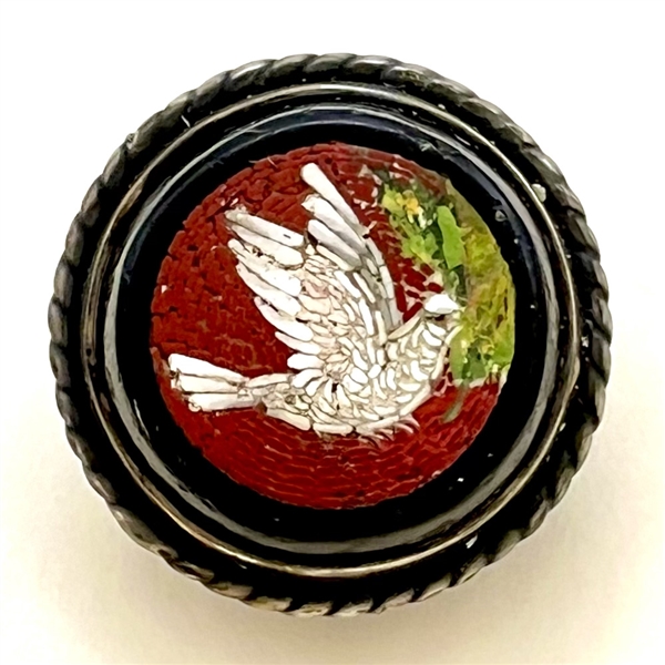 Italian micro mosaic of dove with olive branch button.