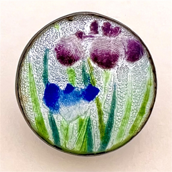 Japanese Gin bari foil enamel button of purple iris flowers 