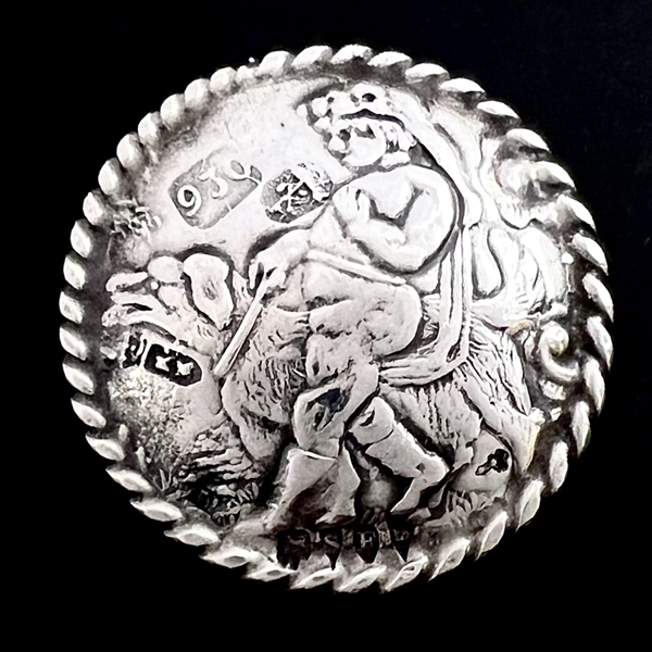 Unusual Hallmarked silver button of a man walking a dog.