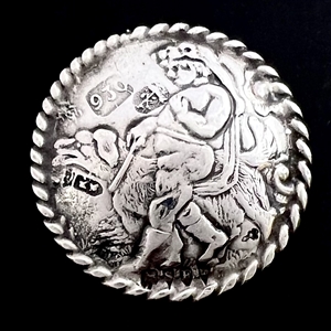 Unusual Hallmarked silver button of a man walking a dog.