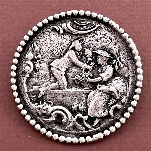 Large Continental silver button of a man courting a woman.