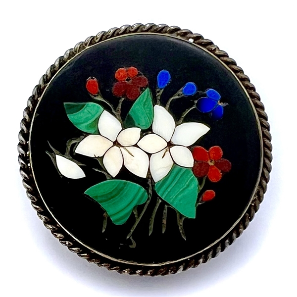 A 19th c. Pietra Dura set in silver button of flowers. 