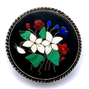 A 19th c. Pietra Dura set in silver button of flowers. 