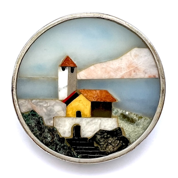 Pietra Dura seascape button set in white metal.