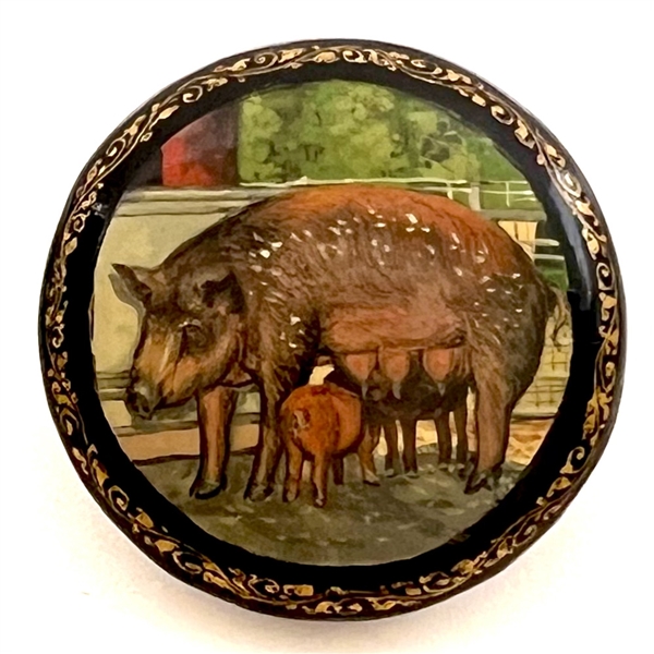 Russian Lacquerware button of mamma pig and piglets.