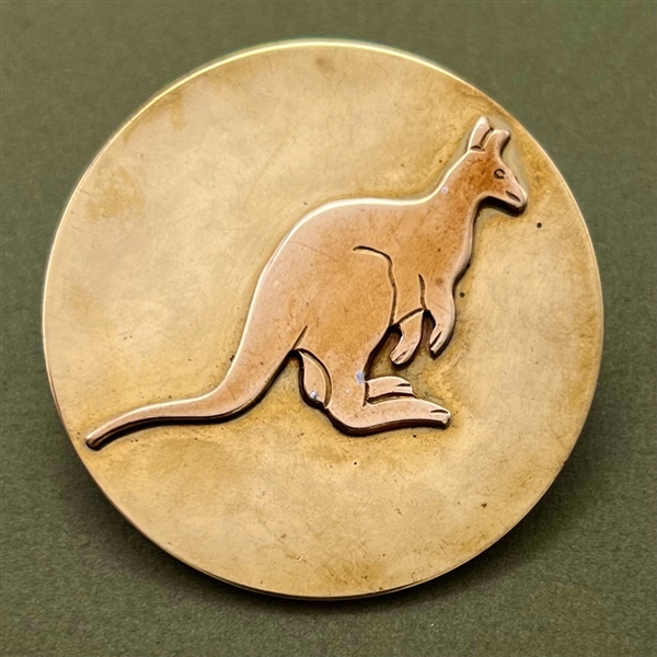 Huge brass on brass button of a kangaroo by Phil Linley.