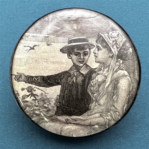 Woman and boy paper under plastic button.