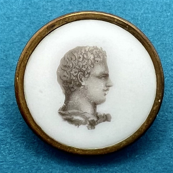 Liverpool transfer of man’s head on ceramic button.