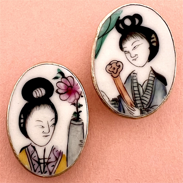 Two shard ceramic buttons of Asian women.