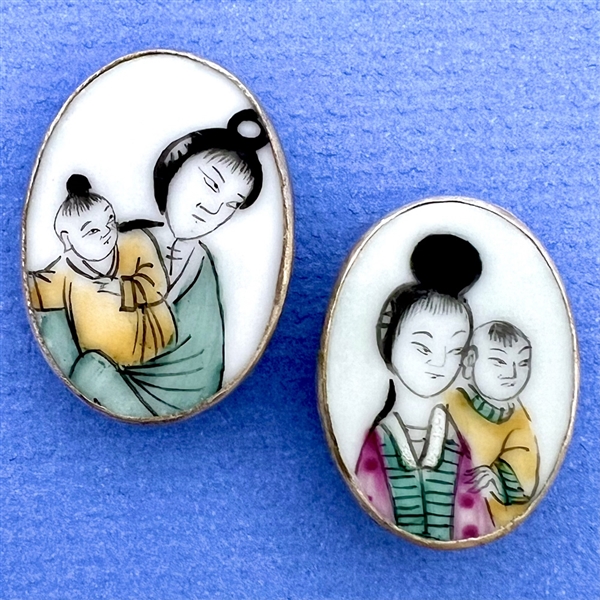 Two shard ceramic buttons of Asian women with children.