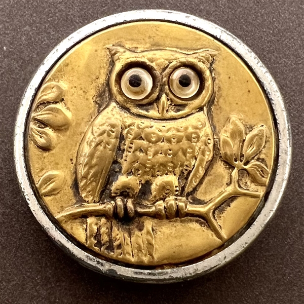 Brass button of fat horned owl with glass eyes.