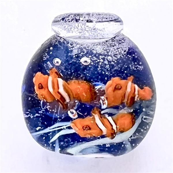 Mary Gaumond studio glass button of fish in a fishbowl.