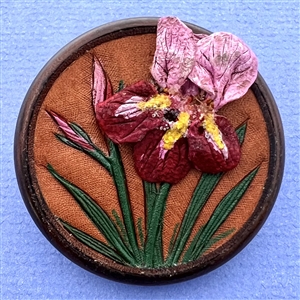 Extra large Nancy DuBois leather studio button of bearded iris.