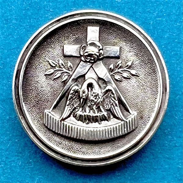 White metal button of Rosy Cross “The Pelican feeding its young with its own blood”.