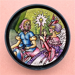 Extra large Atlee button of “Cinderella and Fairy Godmother”.