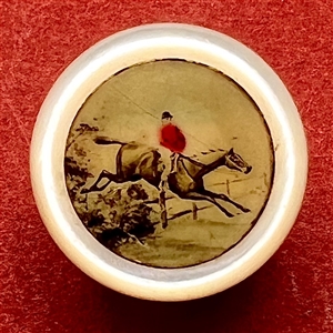 Pearl vest button lithograph of equestrian horse jumping. 