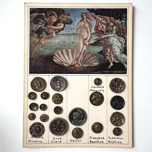 Card of twenty one mythological buttons. 