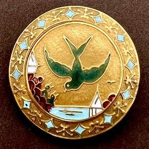 Brass button with enamel details of bird feeding it’s young.