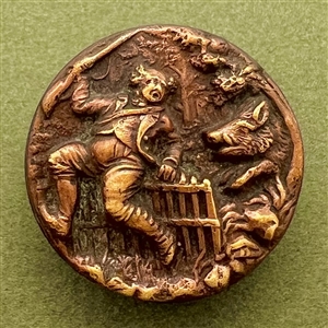 Brass button of hunter being chased by a boar.