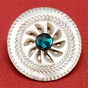 An 18th c. carved mother of pearl  button with aqua paste pin shank.