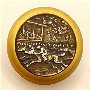 Horse race scene with grandstand and spectators button.