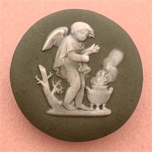 “Cherub by a brassier” Jasperware studio button by Marie La Barre Bennett.