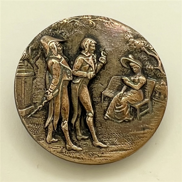 Scarce - French Fops button of two dandies quizzing a young woman.