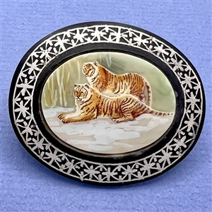 Extra large button of tigers painted on vegetable ivory with metal Bidri border.