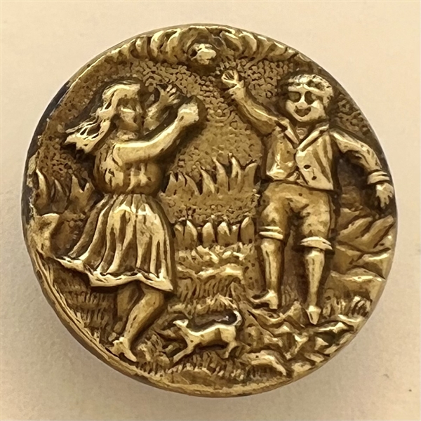 Brass button of boy and girl and playing catch with a ball.