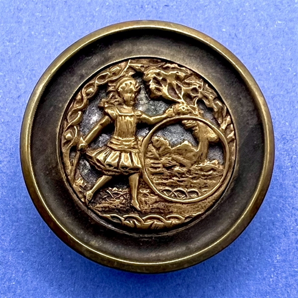 “Hoop Rolling” brass story button.