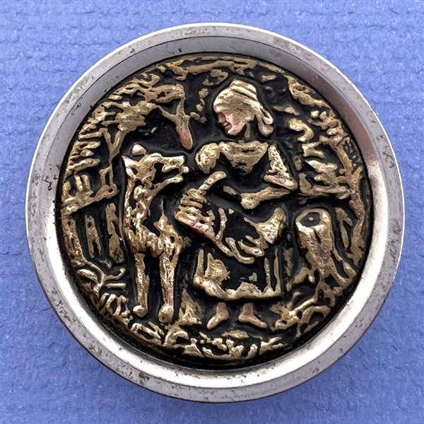 Large “Red Riding Hood and the Wolf” brass in metal button.