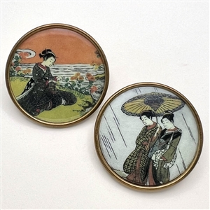 Two studio buttons of Japanese women by Phil Linley. 