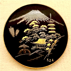 Large damascene button of Mt. Fuji with temple.