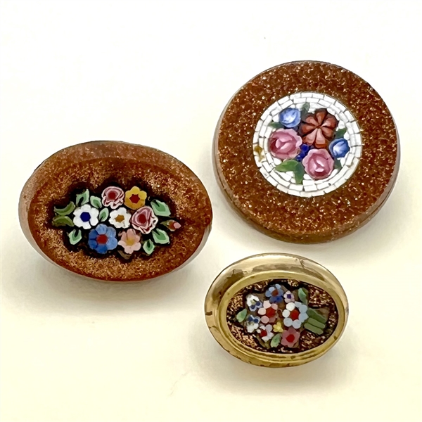 Three Italian micro mosaic buttons of flowers.