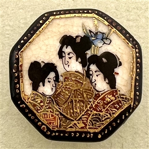 Octagonal shaped Satsuma of two women and girl button.