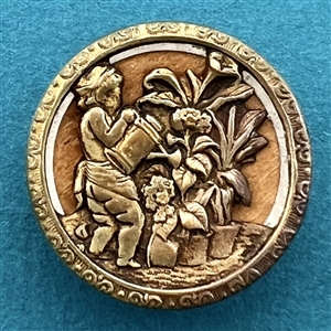 “Watering the Flowers” stamped brass button. 