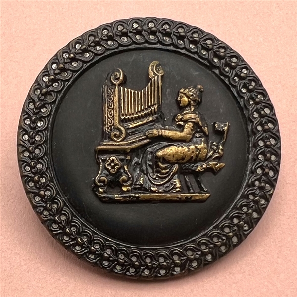 SCARCE “St. Cecilia at the Organ” stamped brass button.