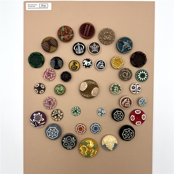 Card of thirty nine buffed celluloid buttons.