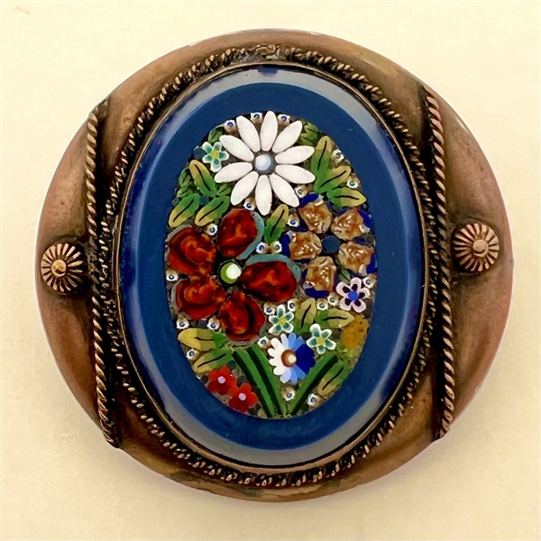 AMAZING Italian micro mosaic button of flowers set in copper.