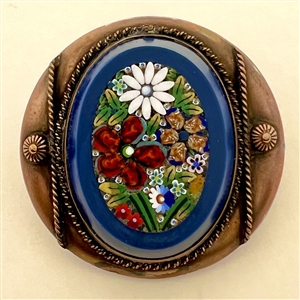 AMAZING Italian micro mosaic button of flowers set in copper.