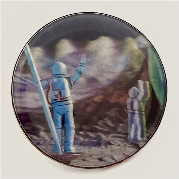 Wessel watch crystal studio holographic button commemorating moon landing.