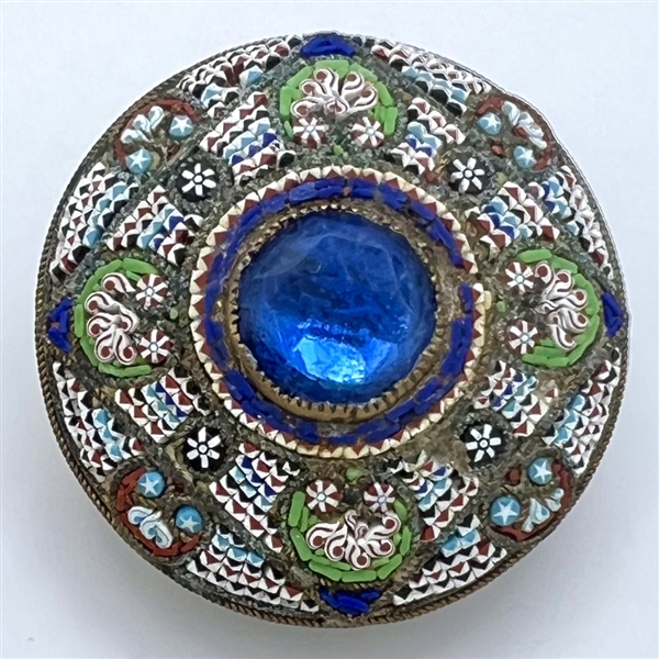 RARE large size of Italian micro mosaic button with blue jewel center.