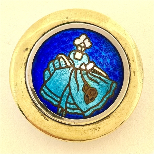 Champlevé enamel button of woman in 18th c. apparel.