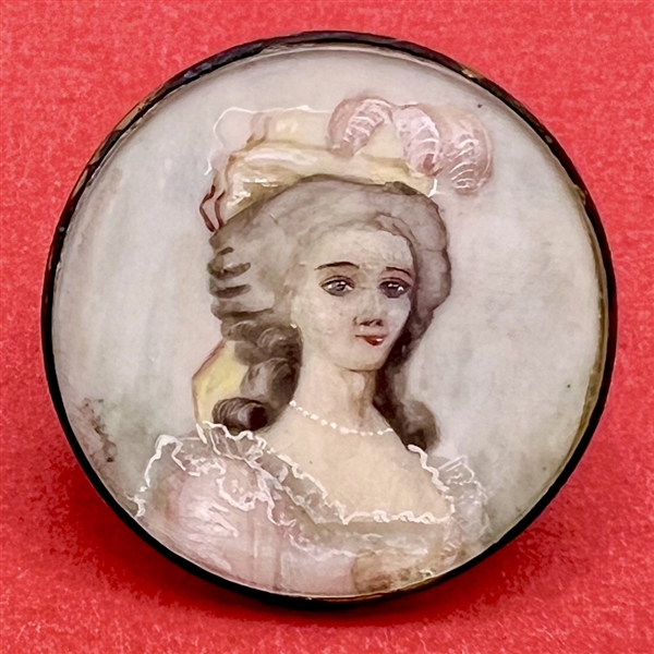 19th c. button painting in pastel tones of woman on natural material.