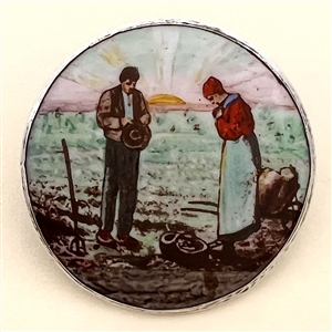 Motiwala enamel button of “The Angelus” by Jean-Francois Millet.