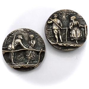 Two brass buttons of peasant and girl on footbridge. 